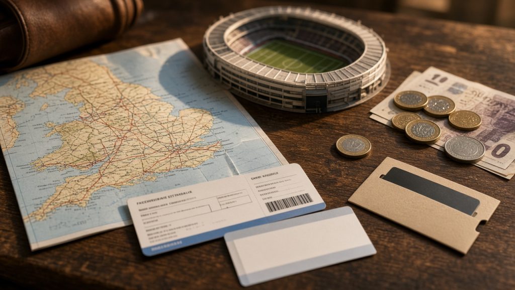 Planering av en fotbollsresa till England med karta, pund, biljetter och en modellarena
