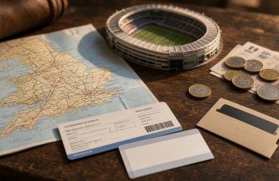 Planering av en fotbollsresa till England med karta, pund, biljetter och en modellarena