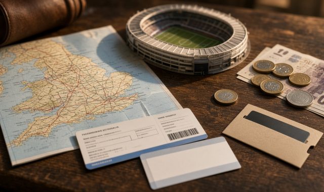 Planering av en fotbollsresa till England med karta, pund, biljetter och en modellarena