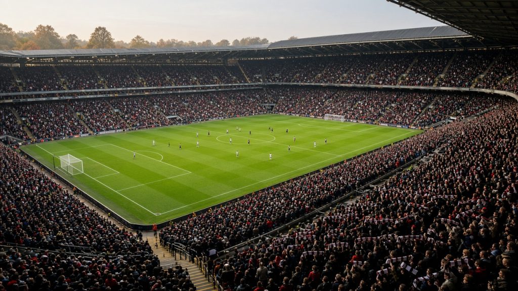 Fullsatt engelsk fotbollsarena sedd från övre läktaren under en Premier League-match en höstdag