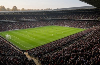 Fullsatt engelsk fotbollsarena sedd från övre läktaren under en Premier League-match en höstdag